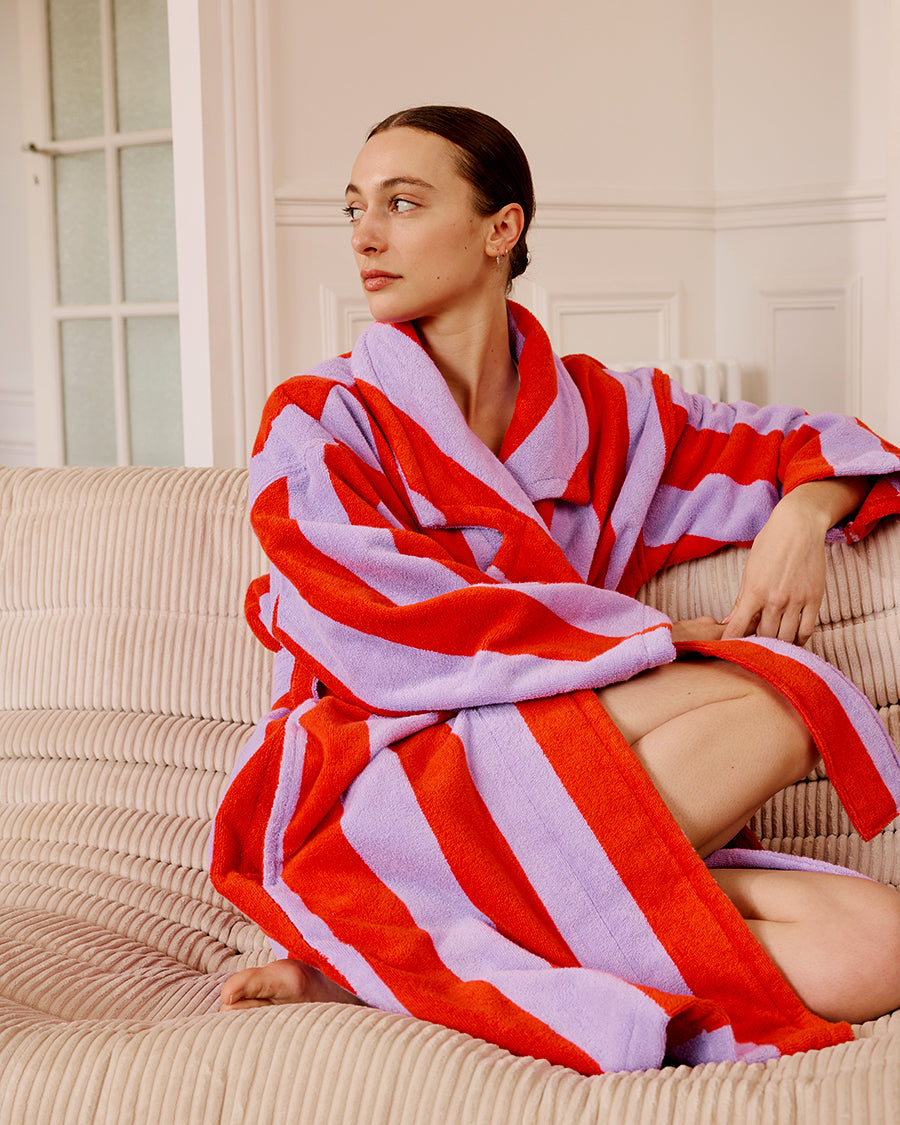 Hommey Red Purple Stripe Robe Soft Cosy Unisex Cotton Dressing Gown